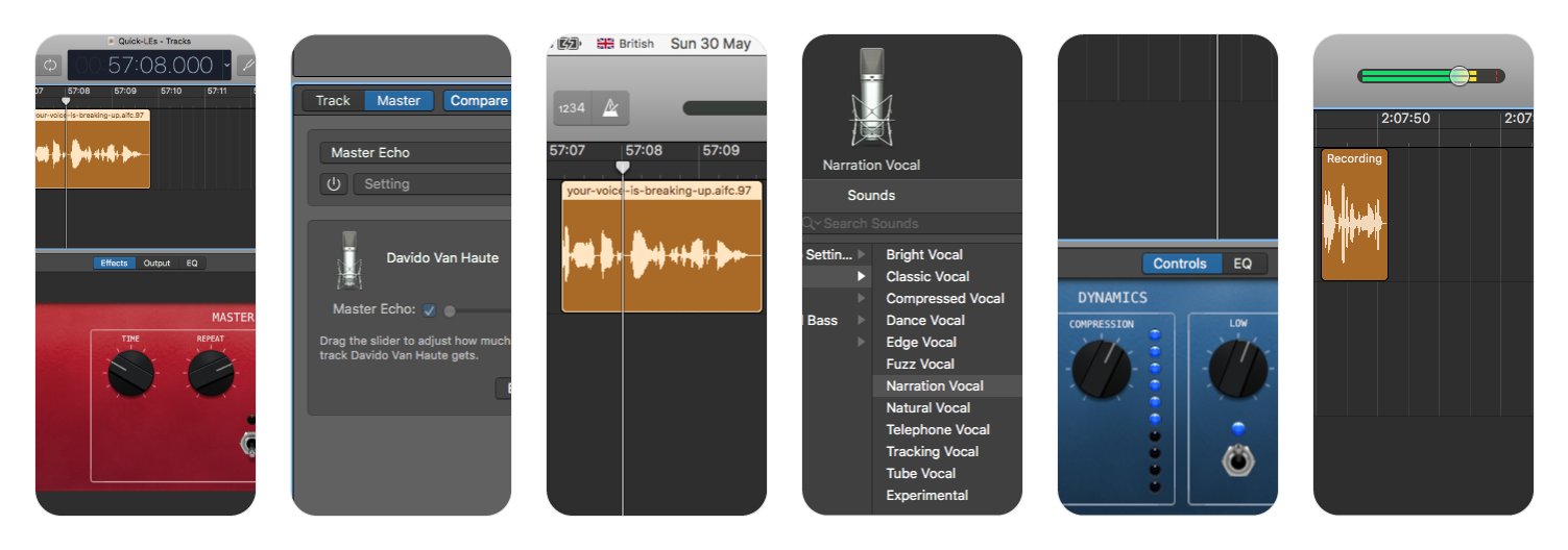 When I say that you get a professionally recorded voice recording after every Session with me, I mean it. A horizontal collage image showing snapshots of different sections of the GarageBand interface using one of my ListeningExercise™ recordings
