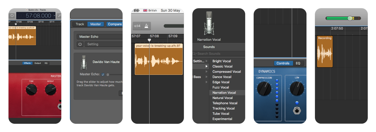 A horizontal collage image showing snapshots of different sections of the GarageBand interface using one of my ListeningExercise™ recordings