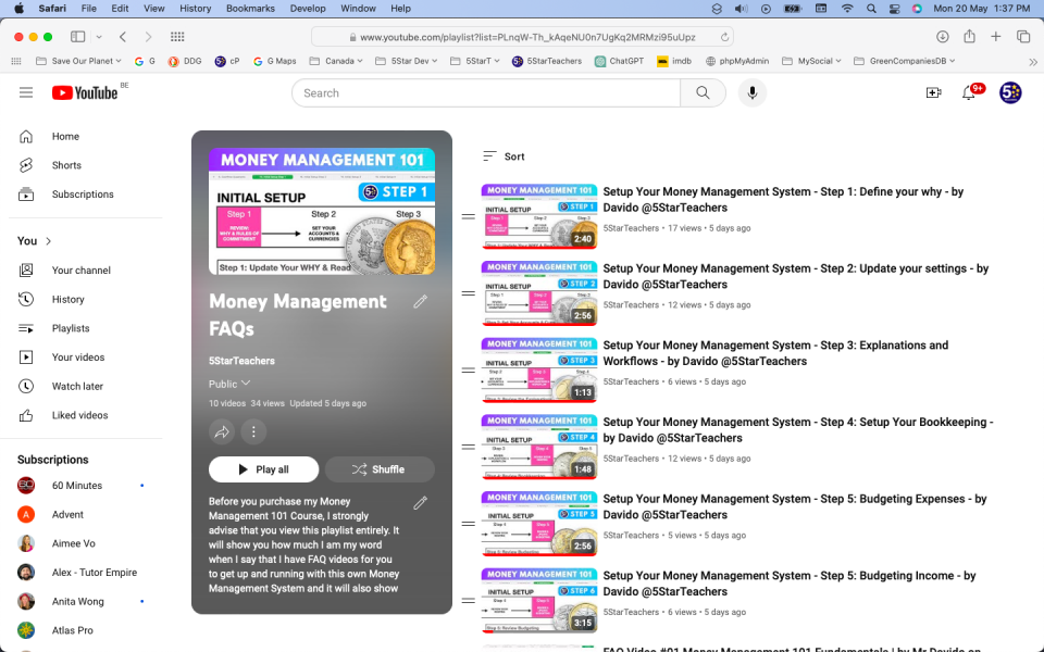 A screenshot showing the playlist with all FAQs on how to manage my Money Management System