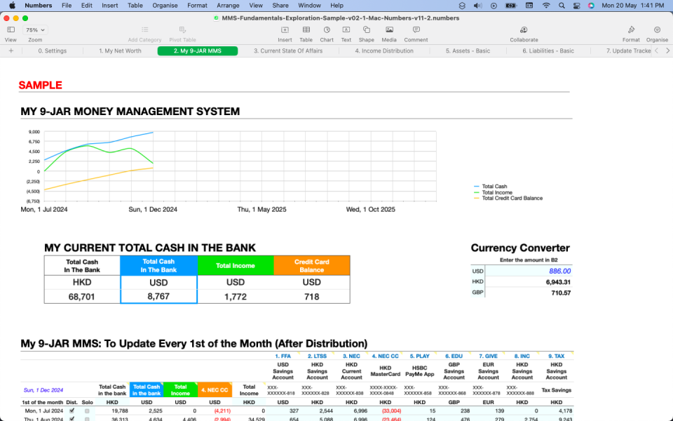 A screenshot showing the 9-JAR Money Management System in Mac Numbers